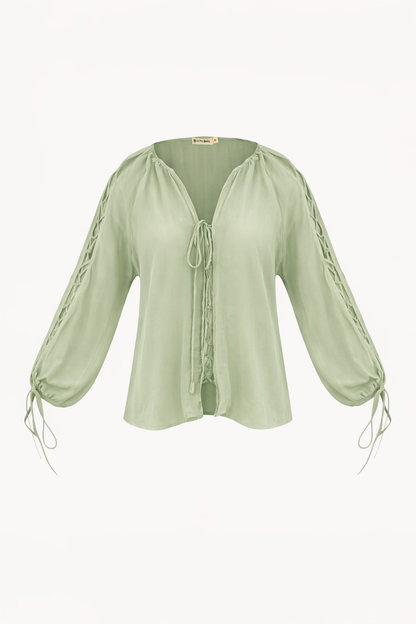 Bias Blouse Shirt in Green by Ostra — luxury green resort blouse from Brazil