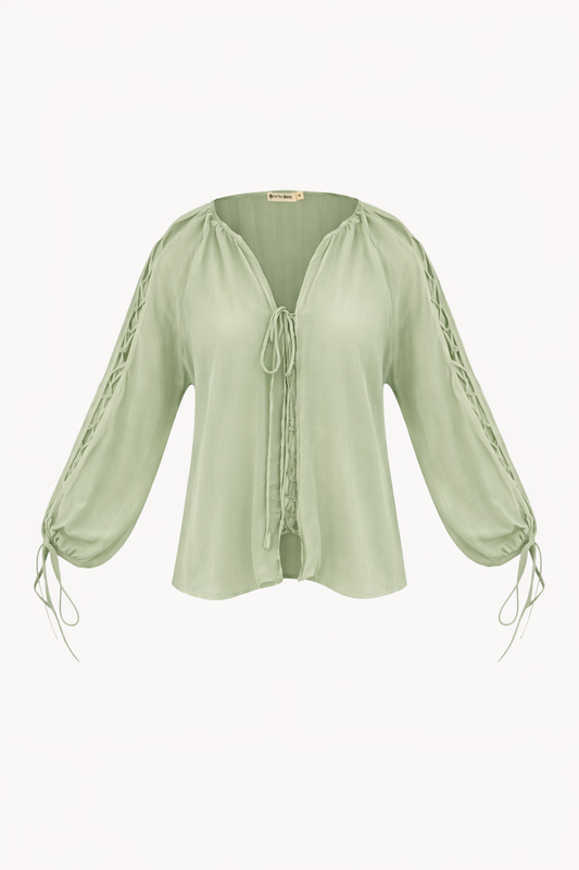 Bias Blouse Shirt in Green by Ostra — luxury green resort blouse from Brazil