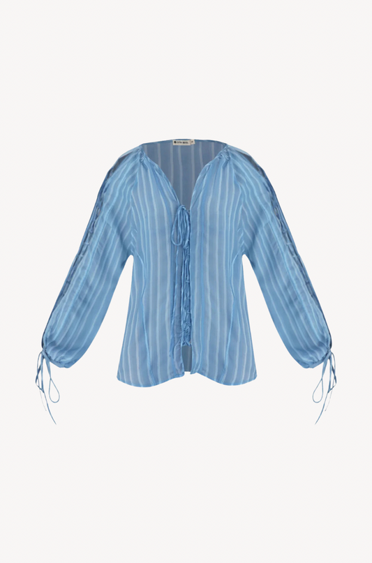 Bias Blouse Shirt in Striped Blue by Ostra — luxury blue striped resort blouse