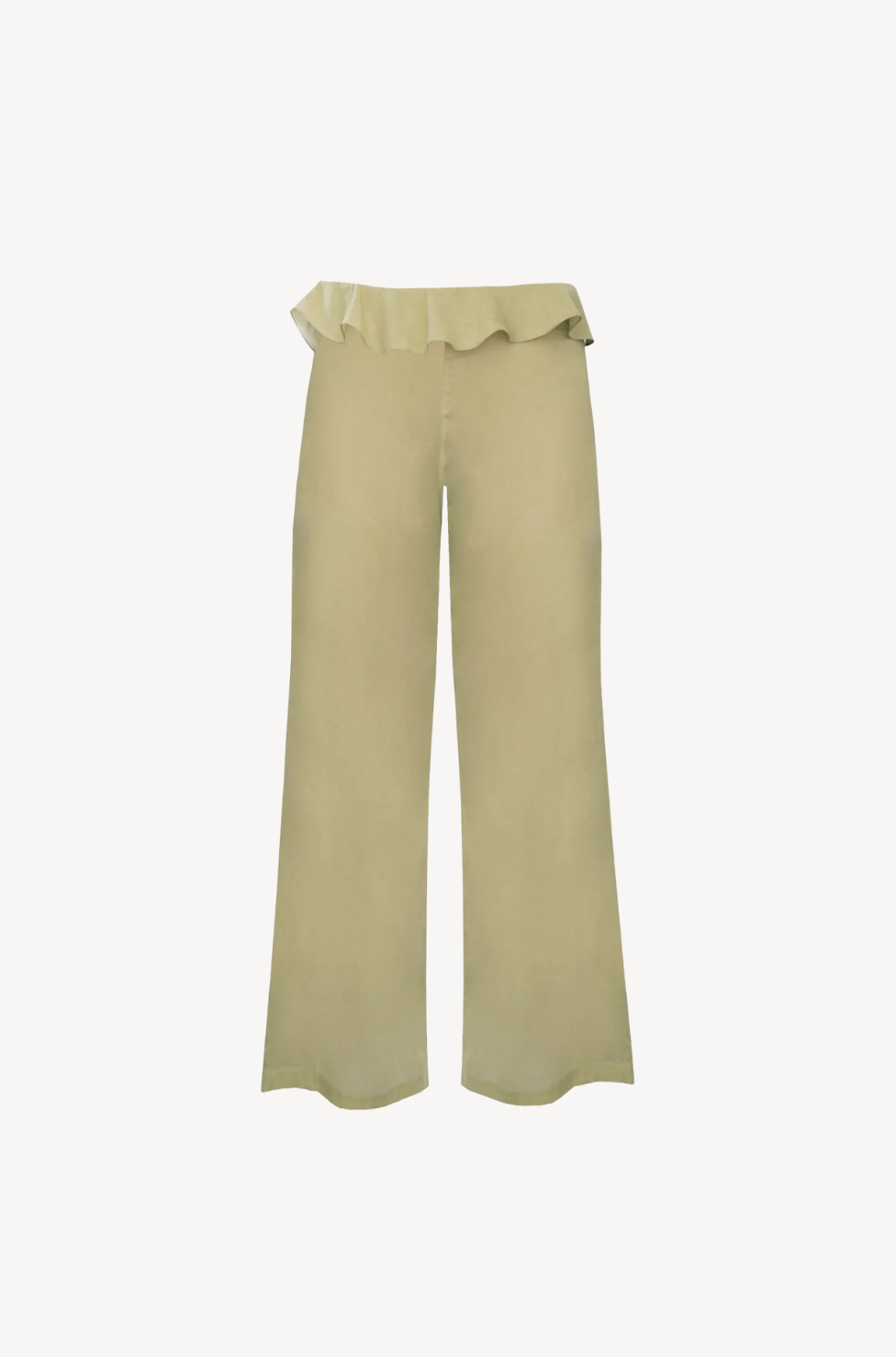Low-Rise Ruffled Pants by Ostra — luxury wide pants with ruffle hem detail