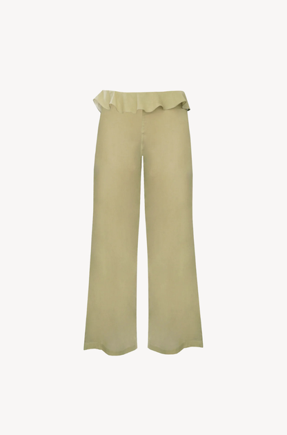 Low-Rise Ruffled Pants by Ostra — luxury wide pants with ruffle hem detail