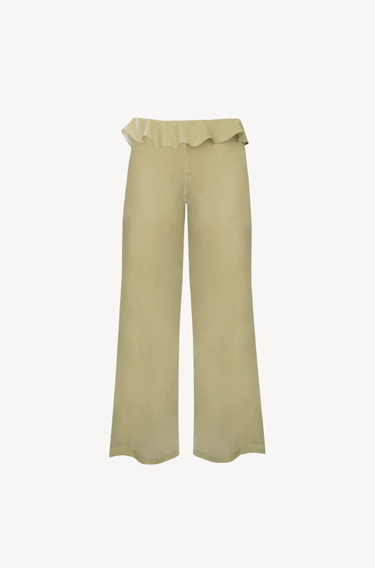 Low-Rise Ruffled Pants by Ostra — luxury wide pants with ruffle hem detail