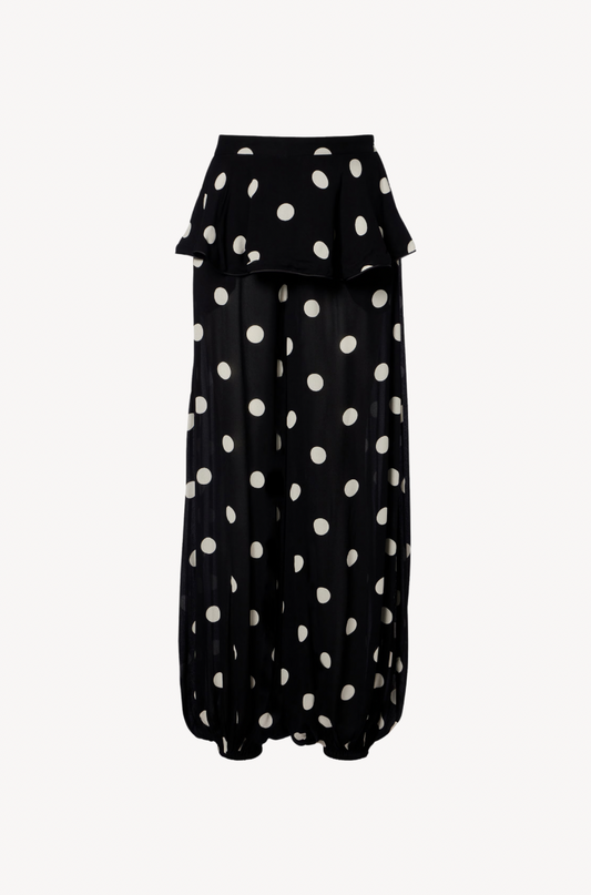 Polka Dots Peplum Maxi Pants by Adriana Degreas — playful polka dot wide-leg resort pants