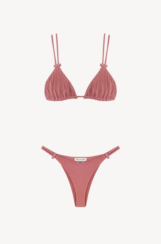 Nervura Triangle Set in Grena Pink by Ostra — luxury pink ribbed bikini
