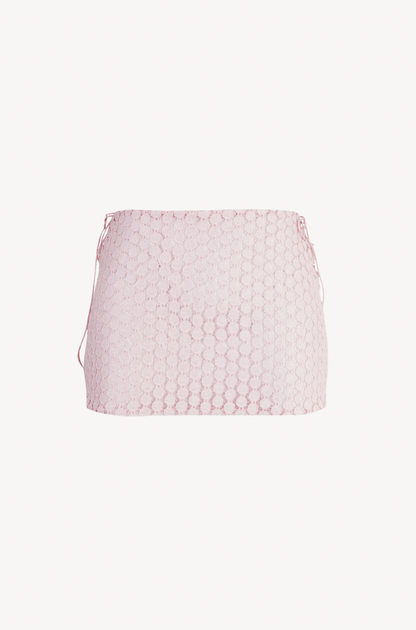Ruched Mini Skirt in Pink Lace by Ostra — luxury pink lace ruched mini skirt