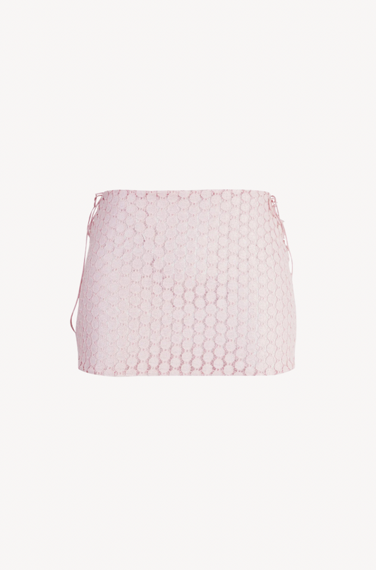 Ruched Mini Skirt in Pink Lace by Ostra — luxury pink lace ruched mini skirt